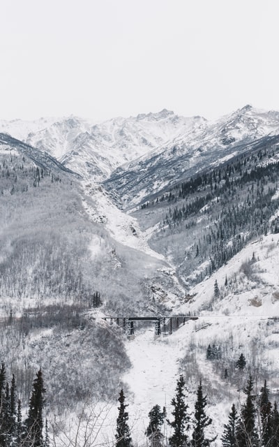黑桥环绕着白雪皑皑的群山